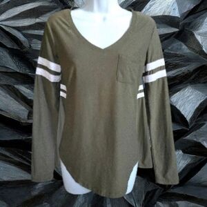 Army Green V Neck Long Sleeve Double White Stripe Arm Band Size Small